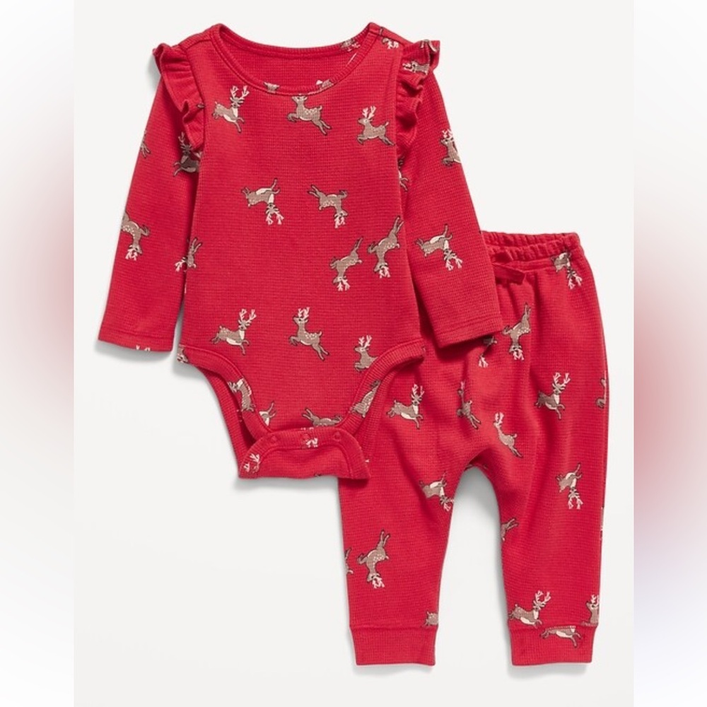 Ruffle-Trim Reindeer Thermal-Knit Printed Bodysuit and Leggings Set for Baby